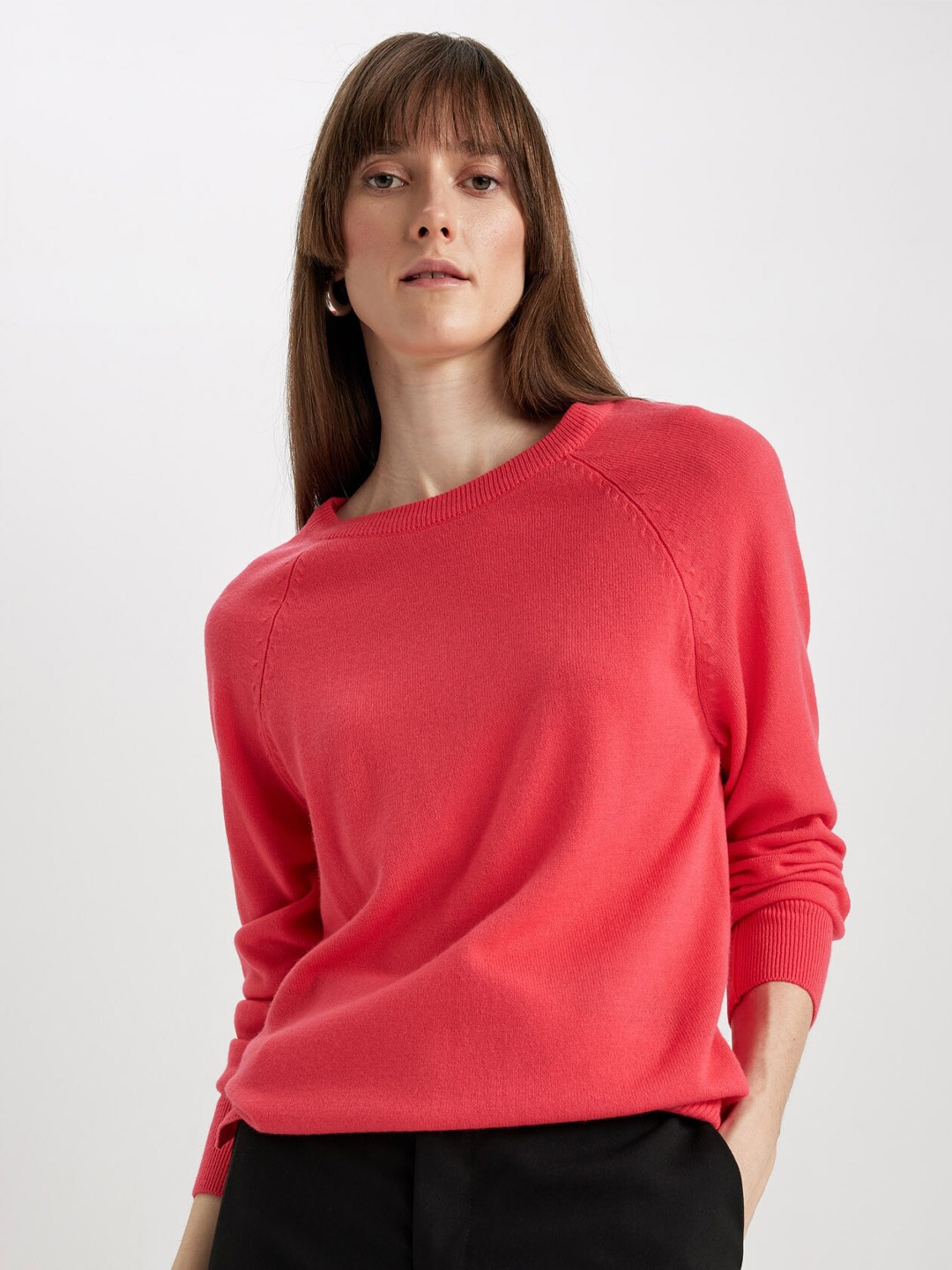 

DeFacto Round Neck Raglan Sleeves Acrylic Pullover, Red