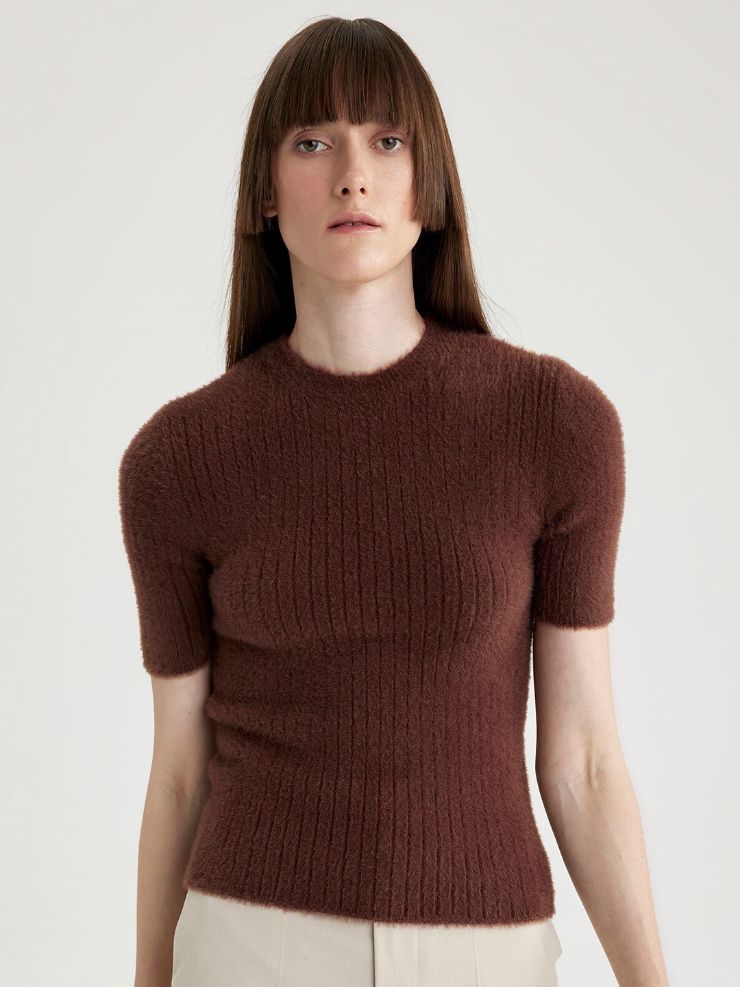 

DeFacto Ribbed Round Neck Polyester PU Coated Pullover, Maroon