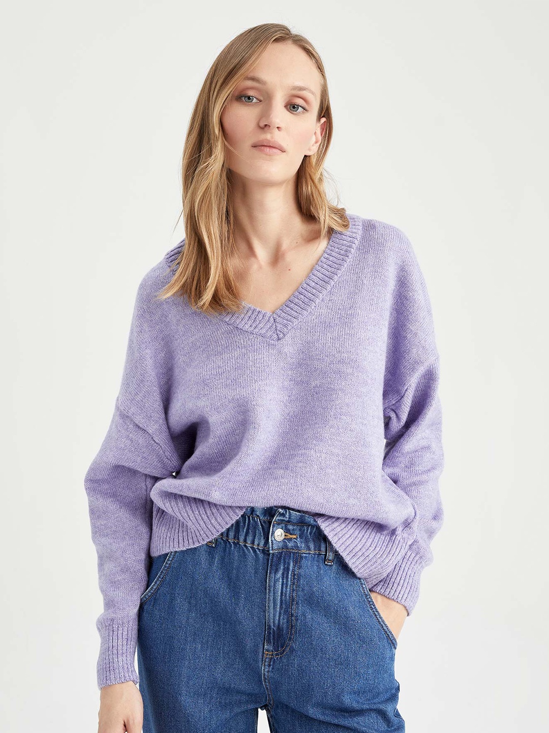 

DeFacto Ribbed Hem V-Neck Pullover Sweater, Lavender