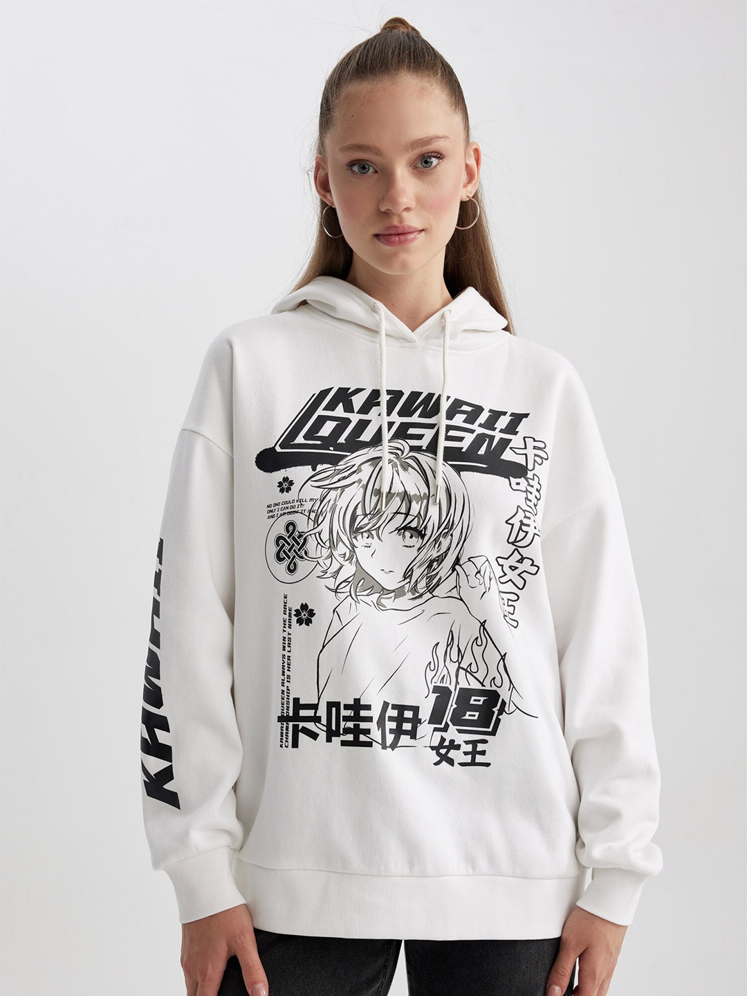 

DeFacto Graphic Printed Long Sleeves Hooded Sweatshirt, White