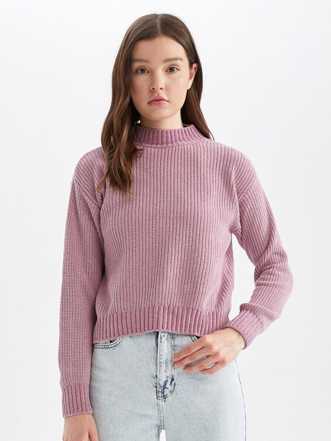 

DeFacto High Neck Ribbed Pullover Sweaters, Pink