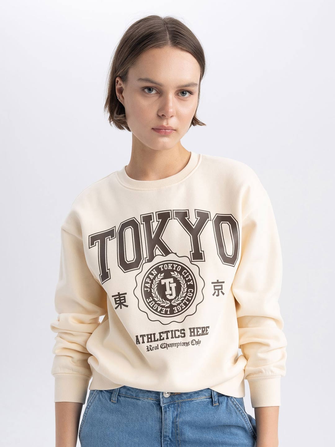 

DeFacto Typography Printed Pullover, Cream