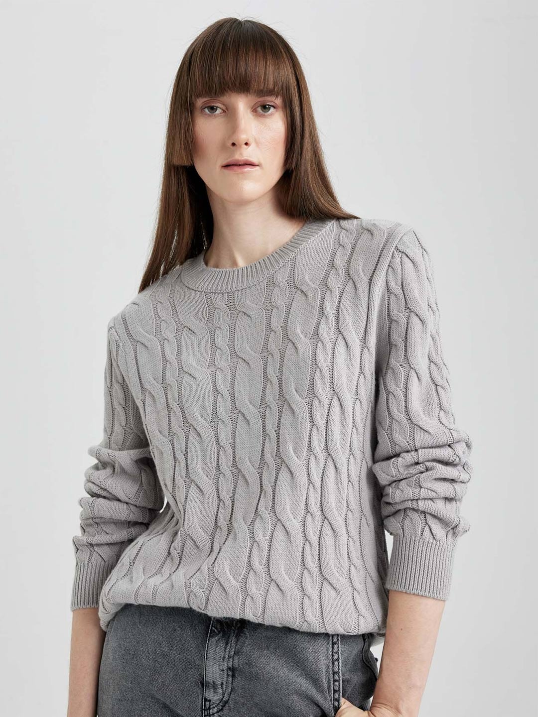 

DeFacto Cable Knit Self Design Round Neck Acrylic Pullover Sweater, Grey