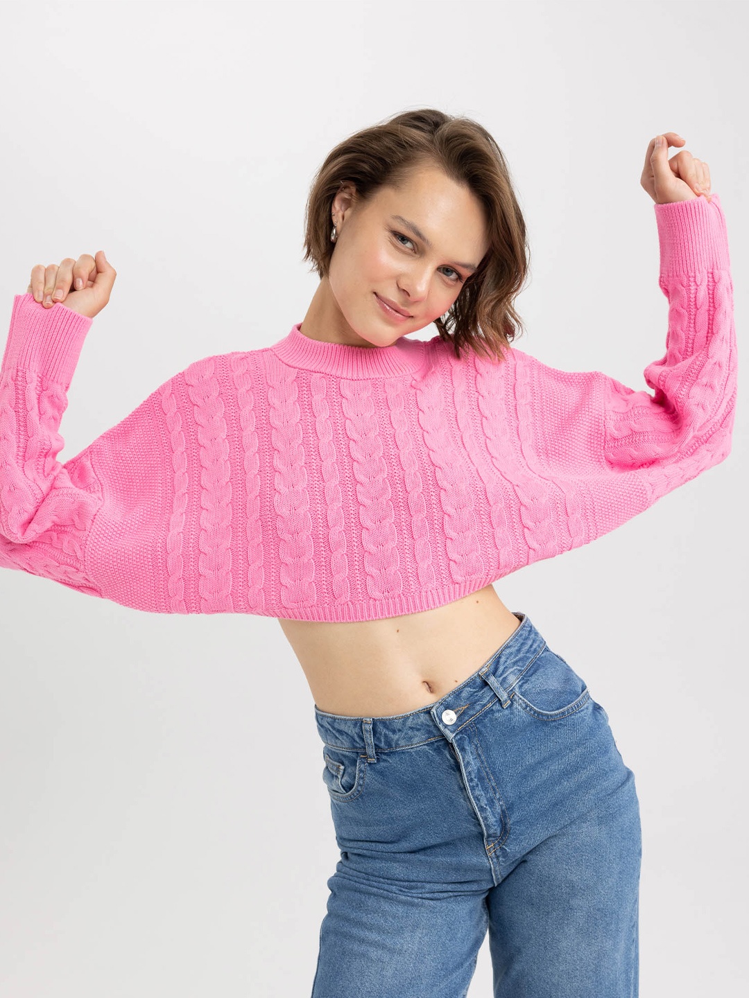 

DeFacto Cable Knit Crop Pullover Sweater, Pink