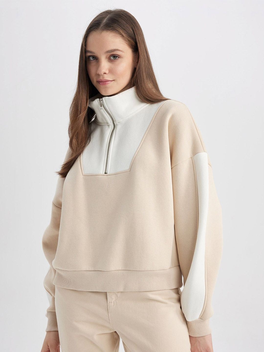 

DeFacto Mock Collar Colourblocked Pullover with Zip Detail Cotton Sweaters, Beige