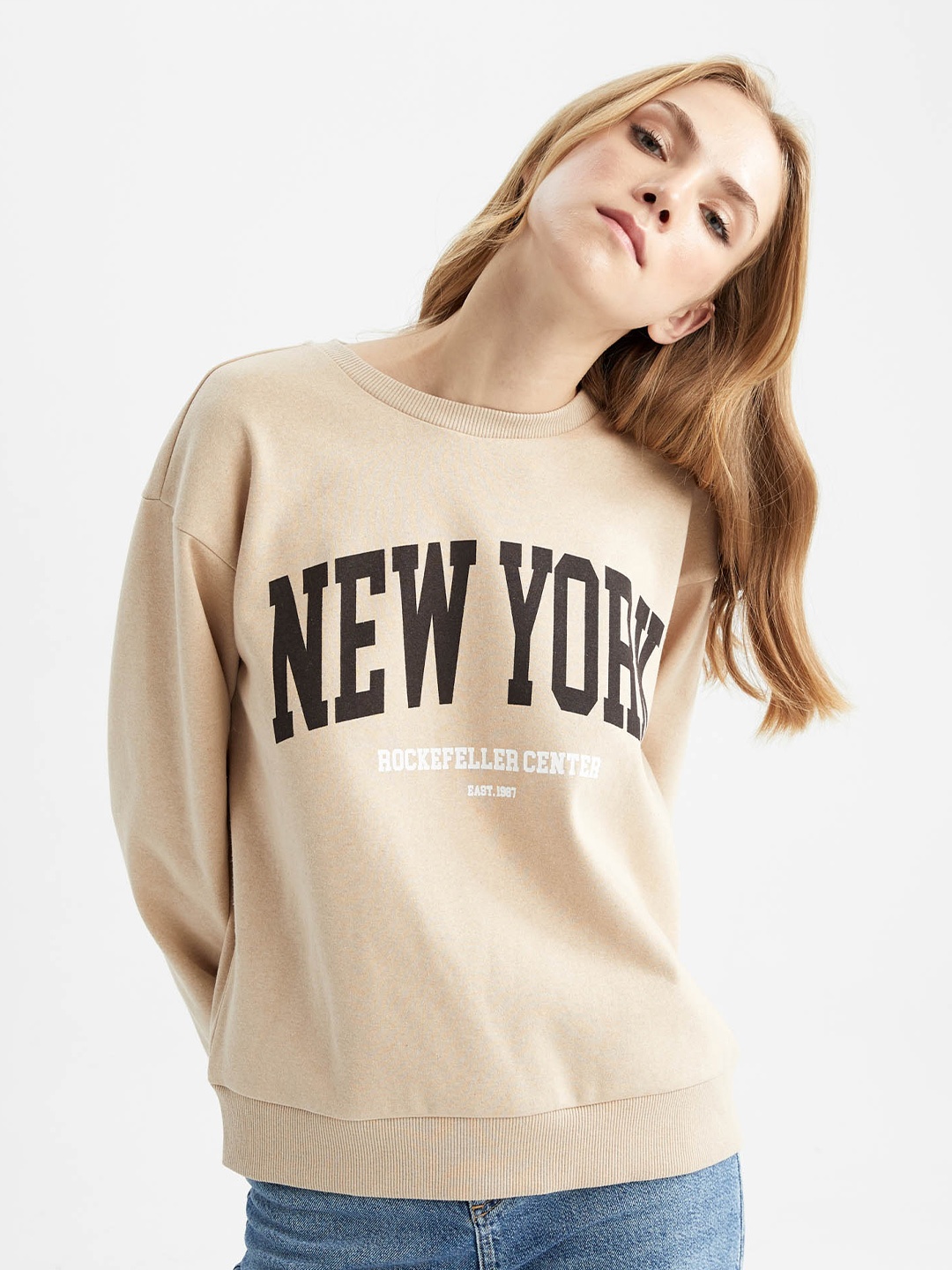

DeFacto Typography Printed Round Neck Pullover Sweatshirt, Beige
