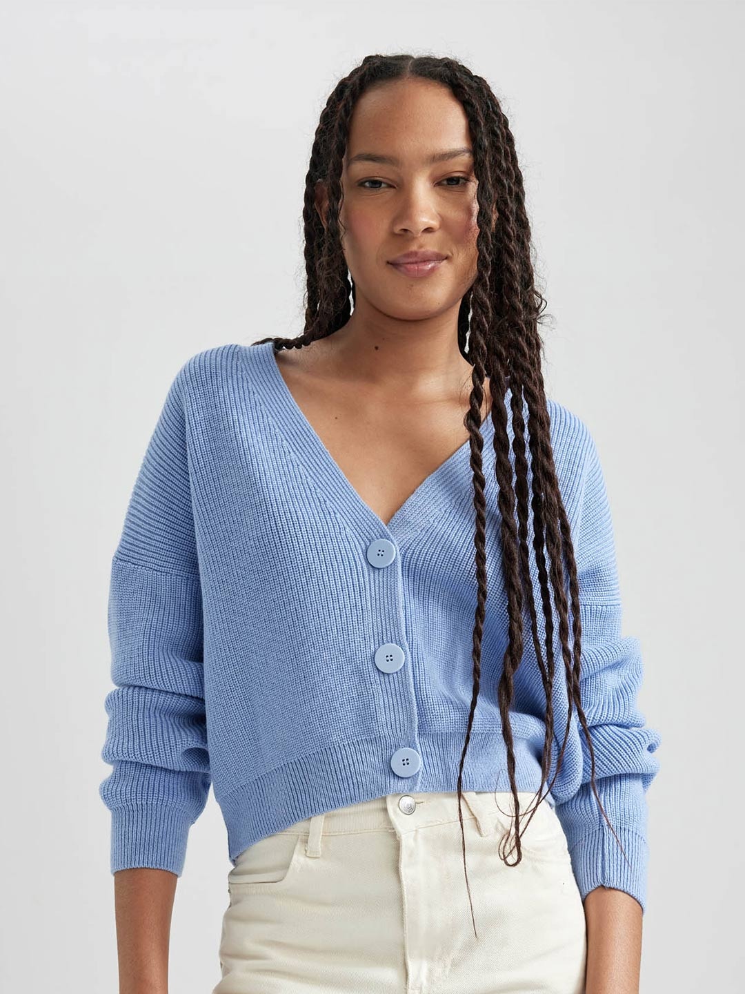 

DeFacto V-Neck Self Design Cardigan, Blue