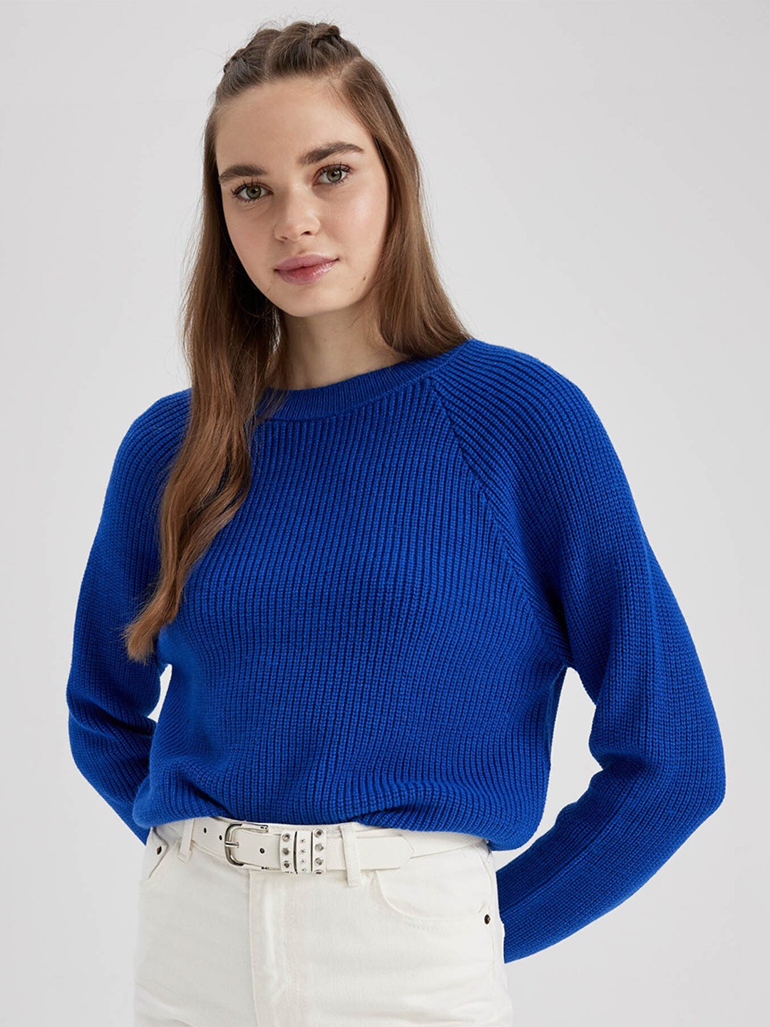 

DeFacto Pure Acrylic Ribbed Crop Pullover, Blue
