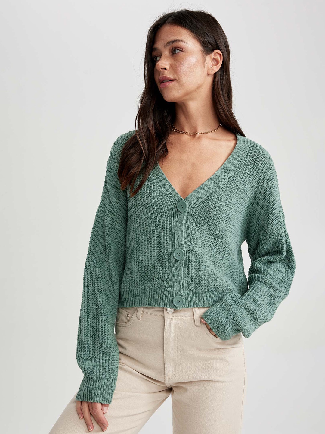 

DeFacto Self Design Cable Knit V-Neck Cardigan, Green