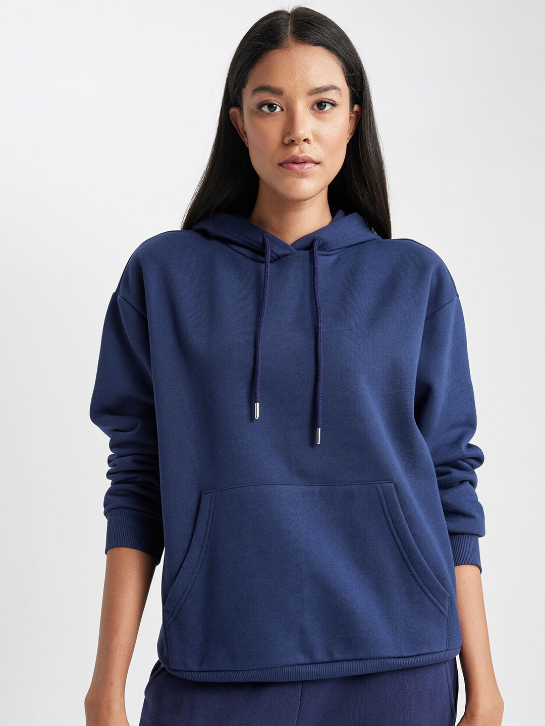 

DeFacto Ribbed Hooded Cotton Pullover, Navy blue