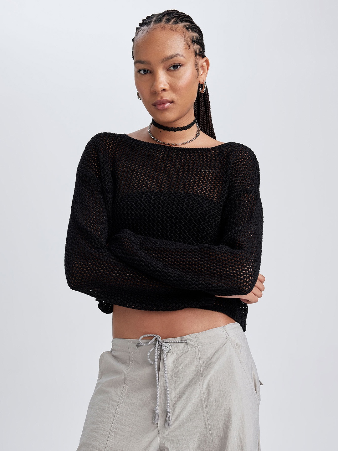 

DeFacto Boat Neck Crop Pullover, Black