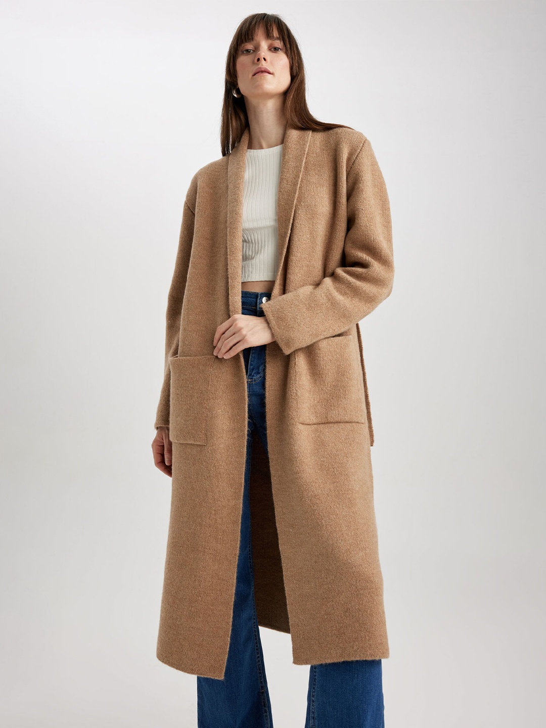 

DeFacto Shawl Collar Long Sleeves Longline Overcoat, Brown