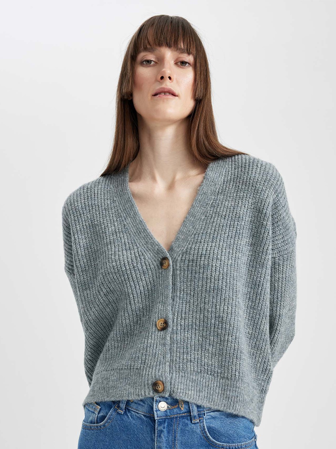

DeFacto V Neck Striped Ribbed Pullover, Grey