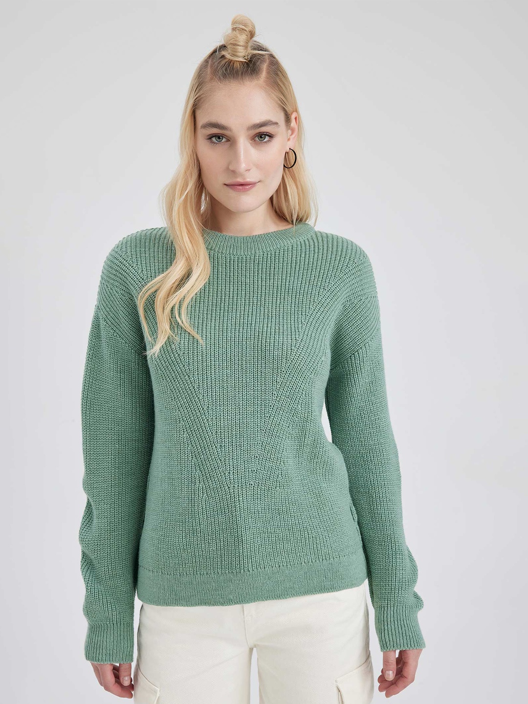 

DeFacto Ribbed Round Neck Acrylic Pullover Sweater, Green