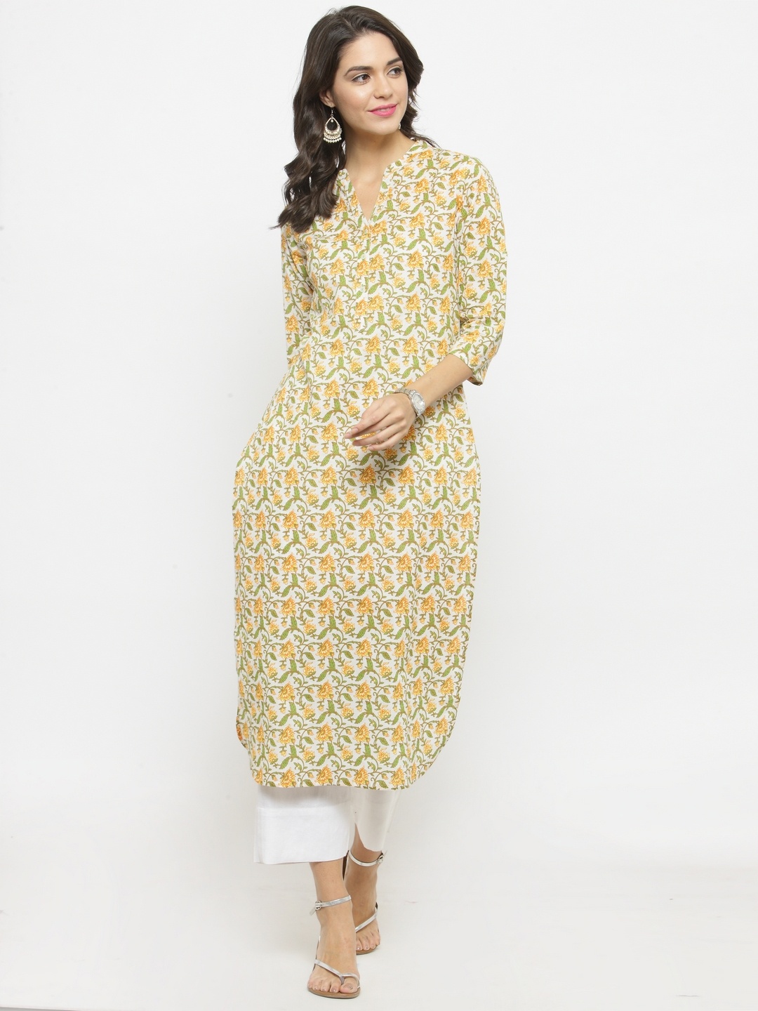 

Varanga Women Off-White & Yellow Printed Straight Kurta