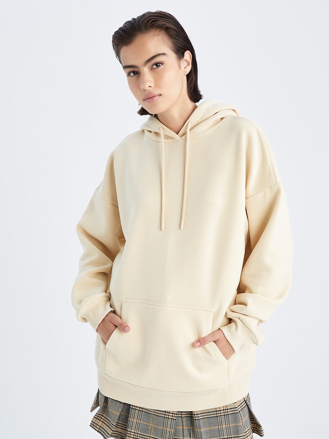

DeFacto Hooded Longline Sweatshirt, Cream