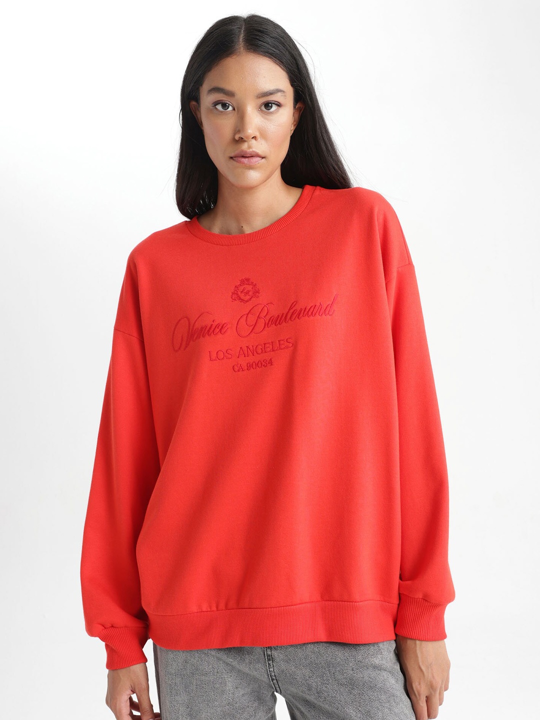 

DeFacto Typography Printed Ribbed Pullover, Red