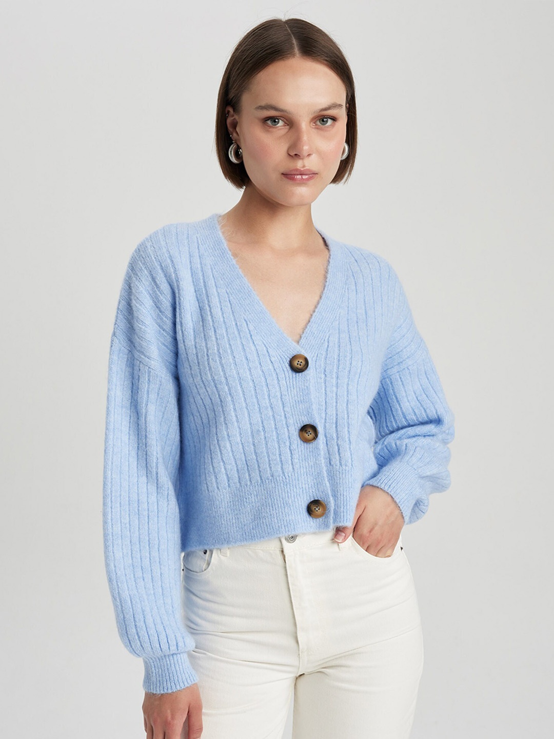 

DeFacto Ribbed Crop Cardigan, Blue