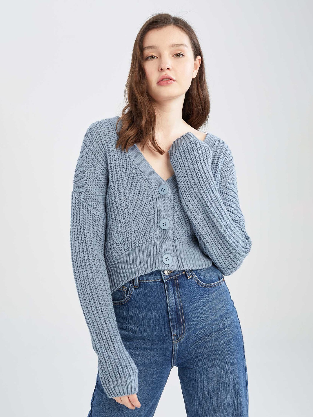 

DeFacto Ribbed Crop Cardigan, Grey