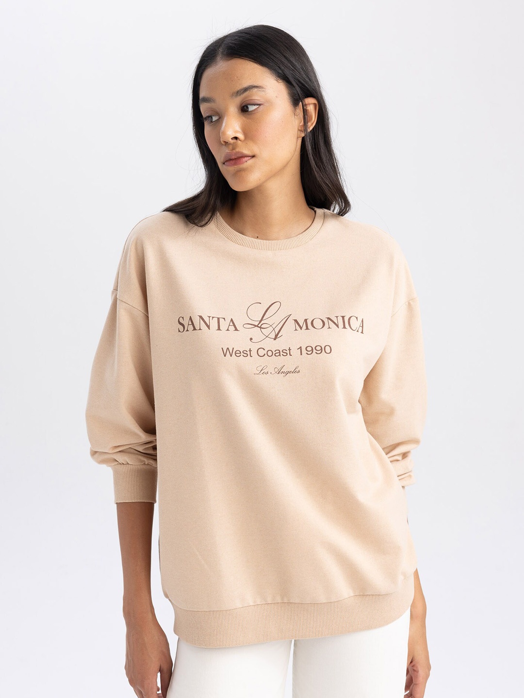 

DeFacto Typography Printed Round Neck Long Sleeve Sweatshirt, Cream