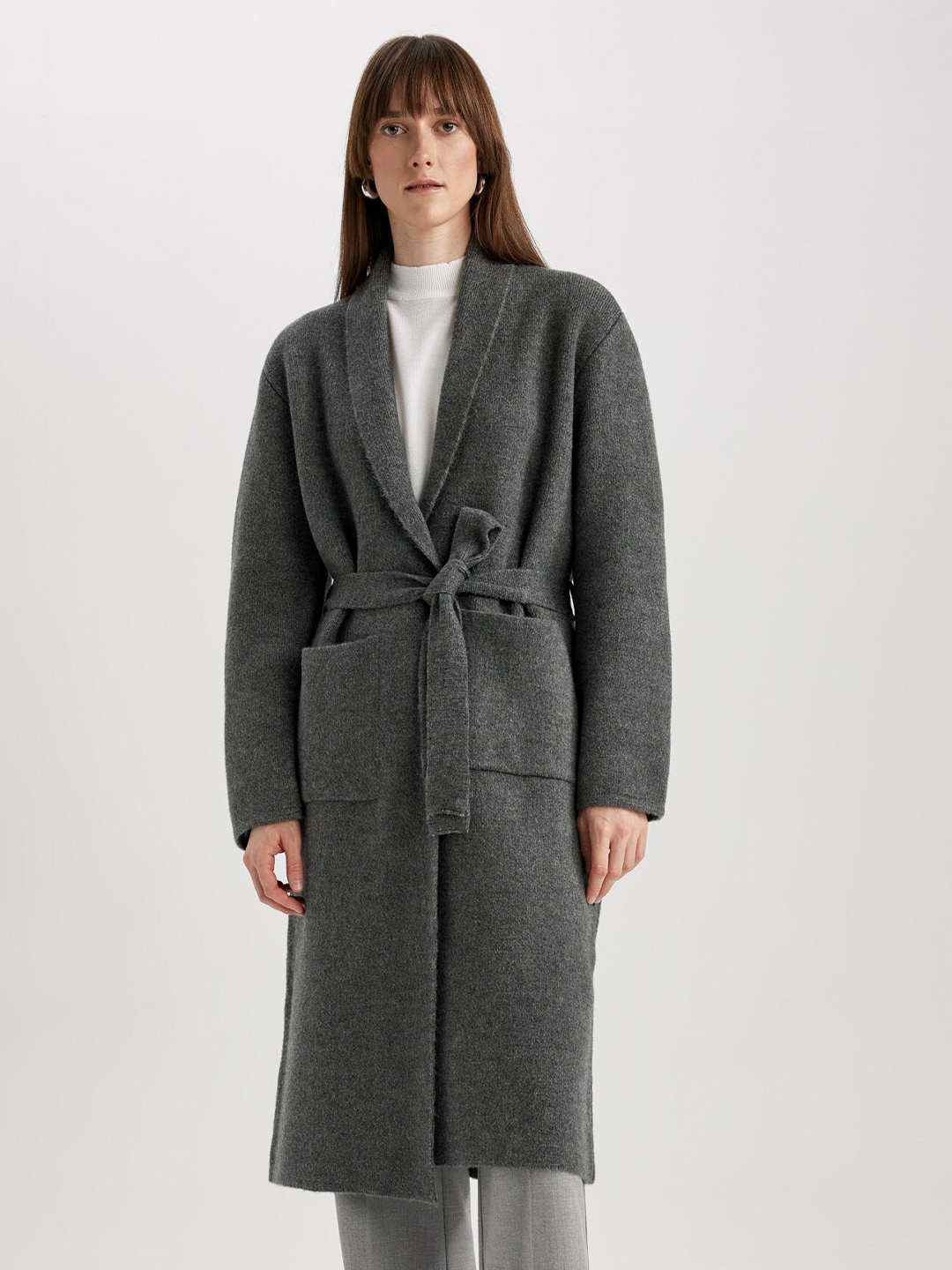 

DeFacto Shawl Collar Longline Front-Open Sweaters With Belted Detail, Grey