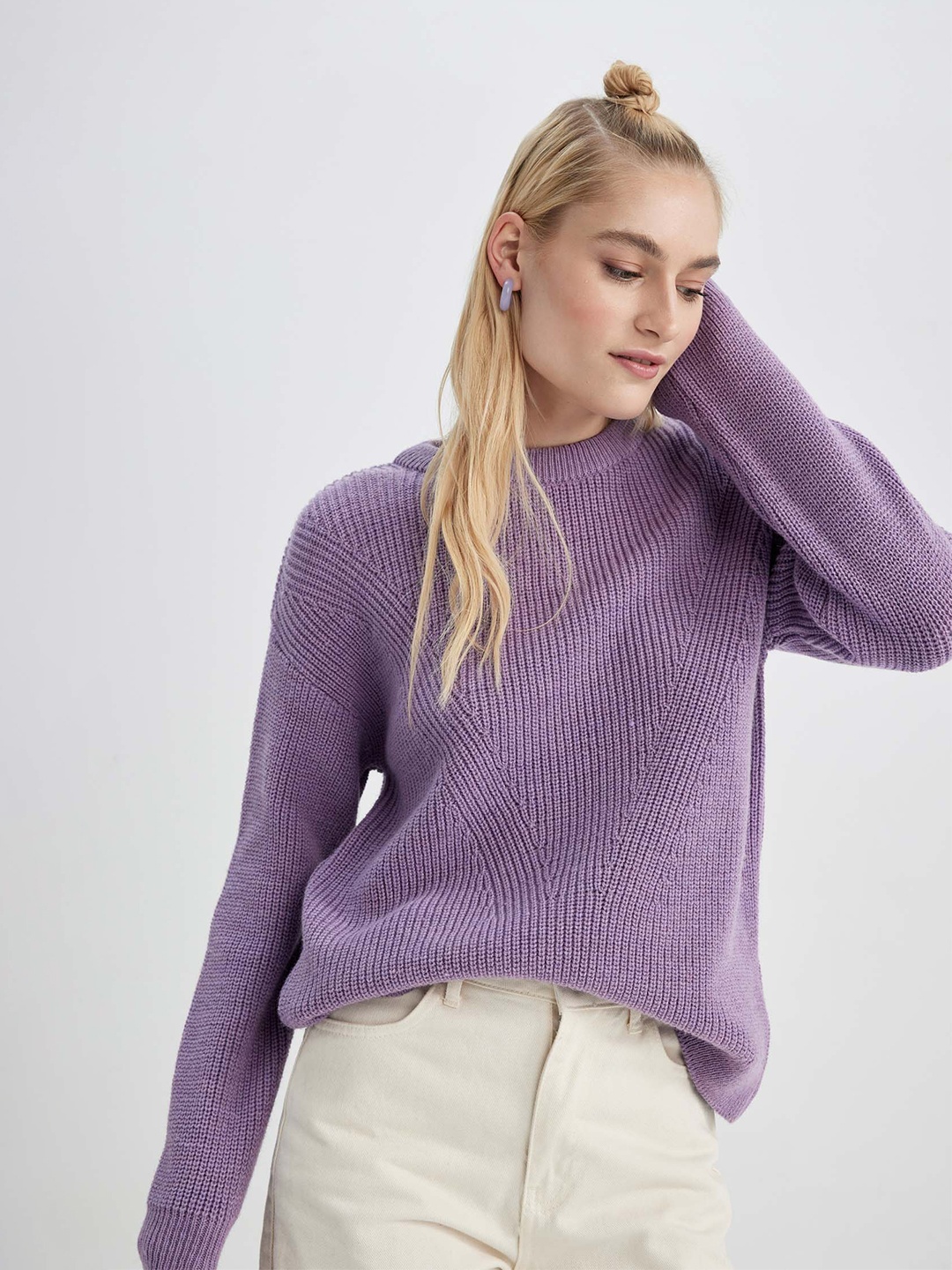 

DeFacto Ribbed Oversized Pullover, Purple