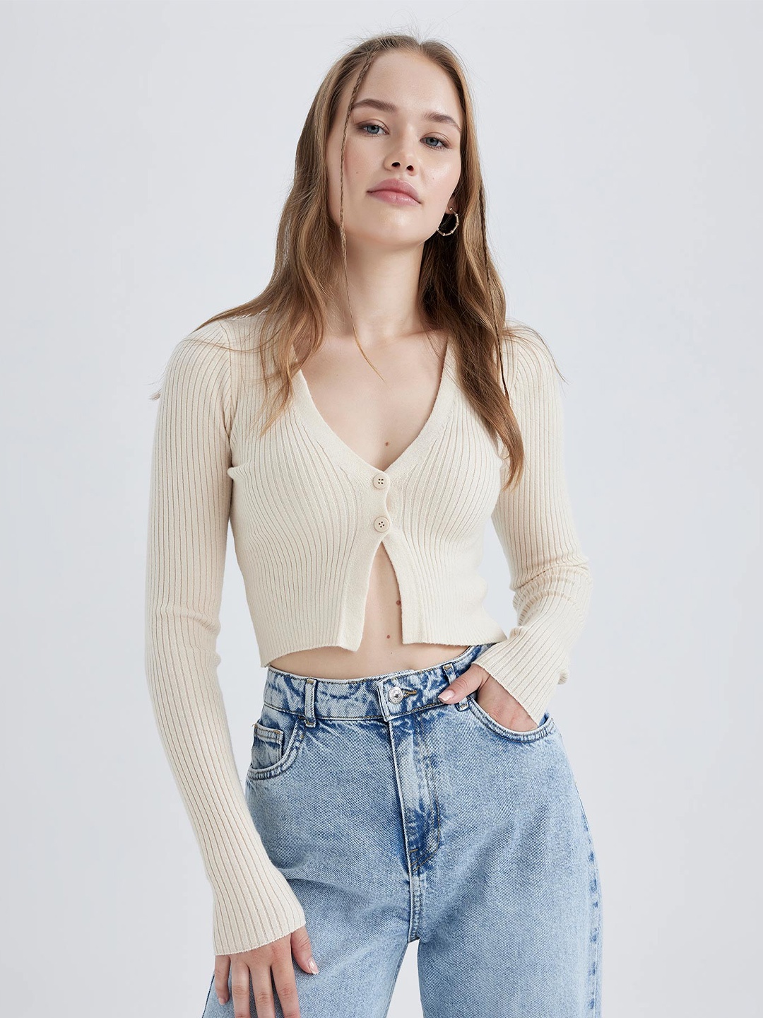 

DeFacto V-Neck Ribbed Cardigan, Cream