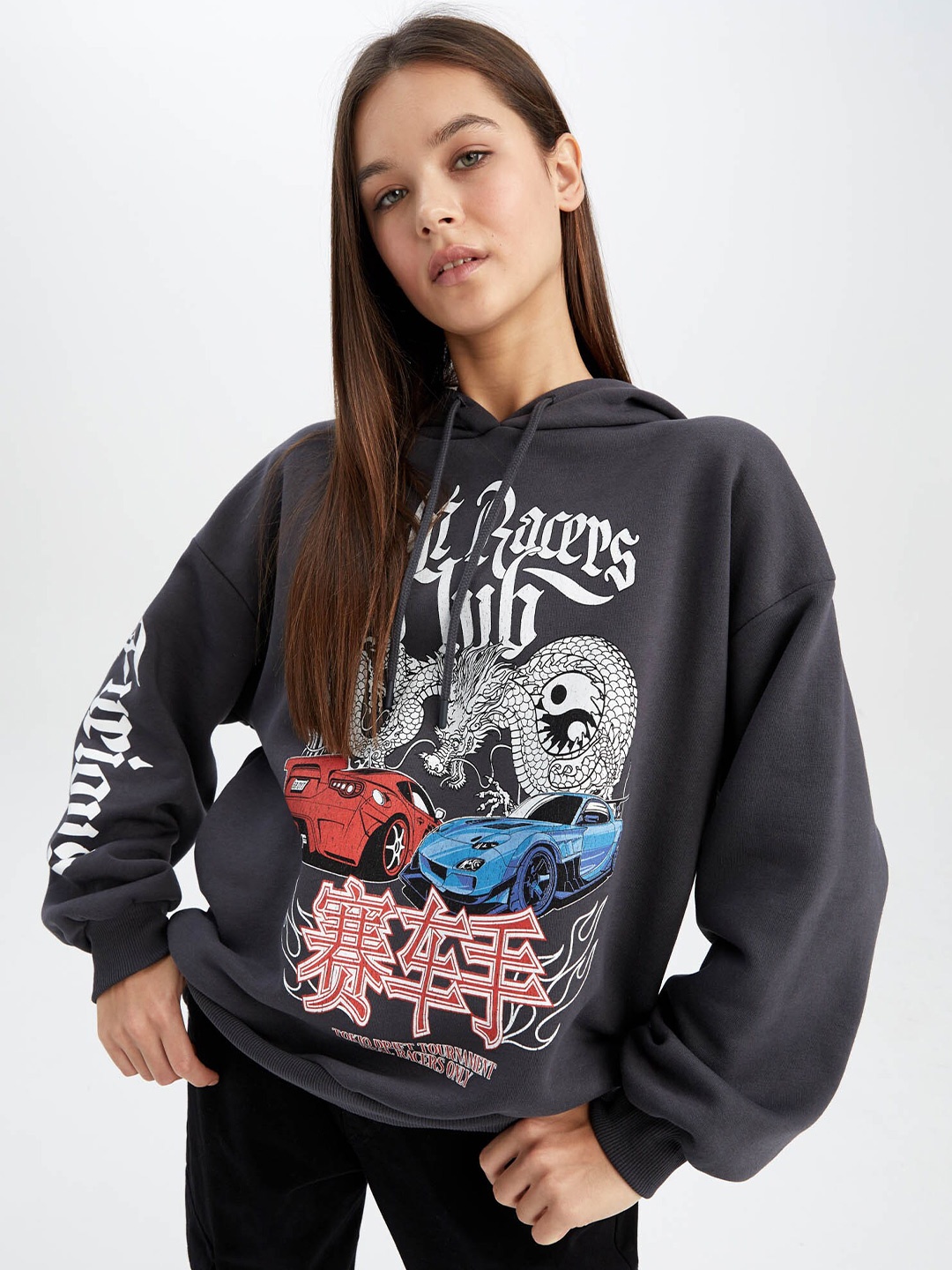

DeFacto Hooded Typography Printed Pullover, Grey