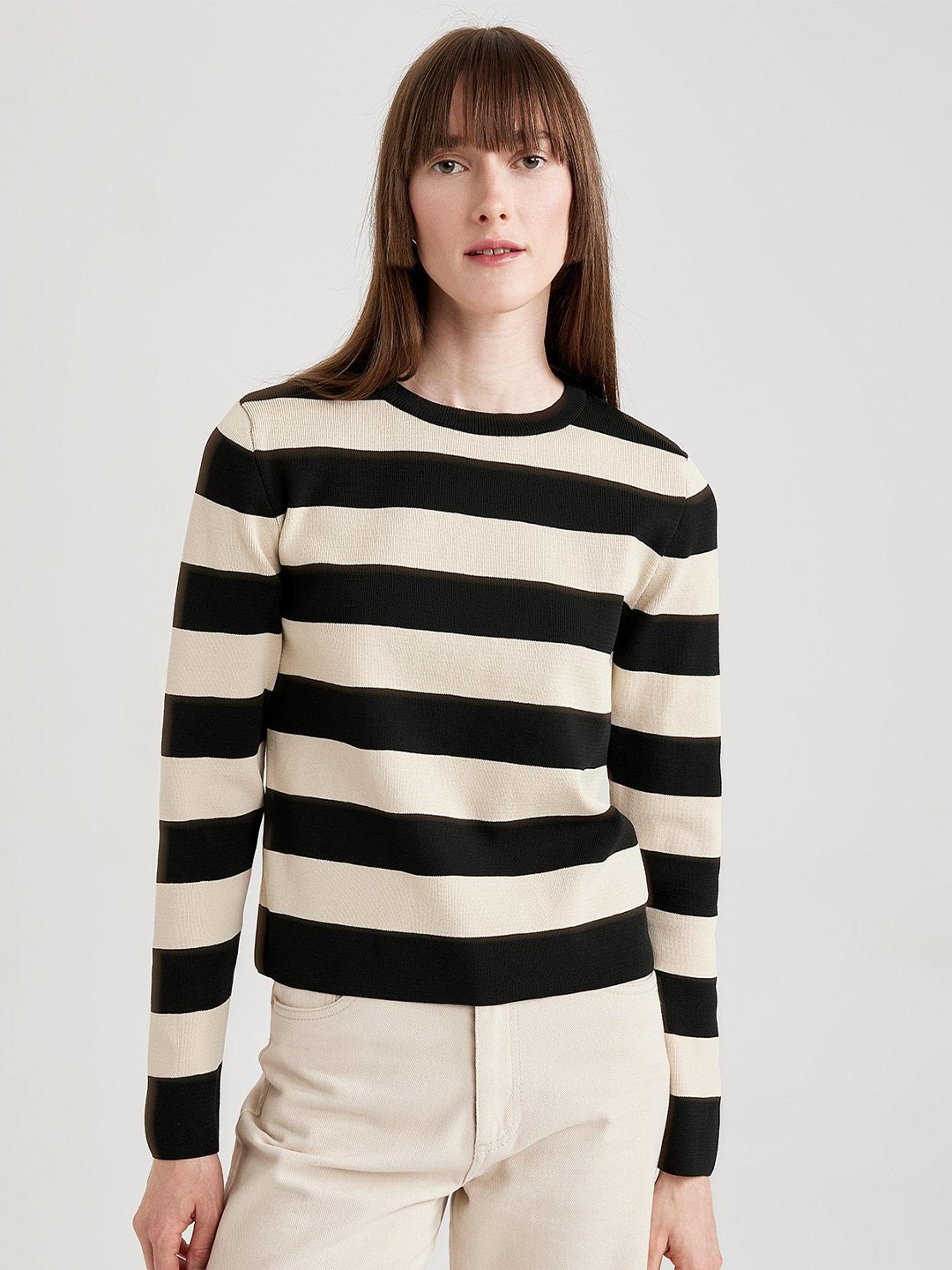 

DeFacto Striped Round Neck Pullover, Black