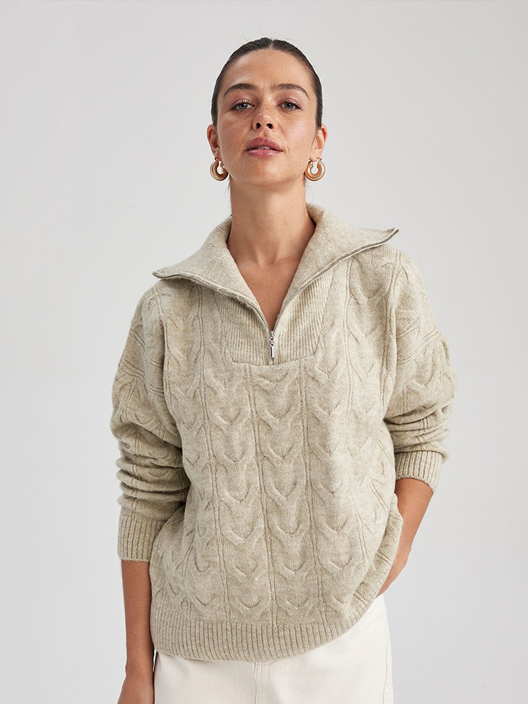 

DeFacto Shawl Collar Cable Knit Pullover, Cream