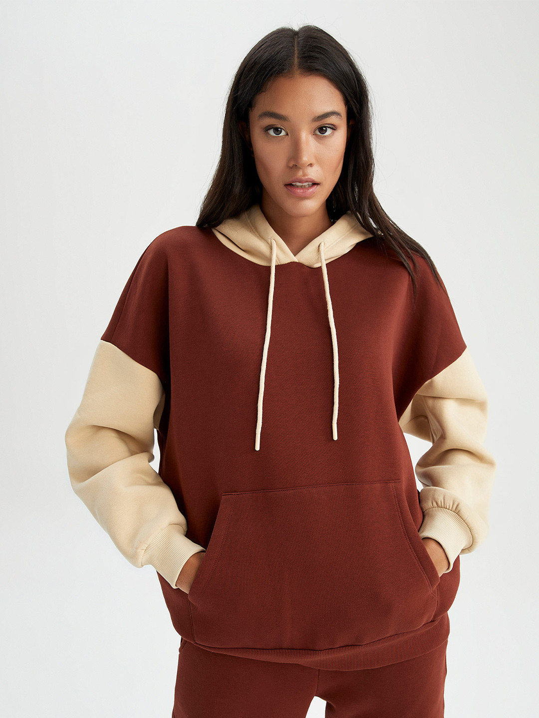 

DeFacto Colourblocked Hooded Pullover Sweatshirt, Brown