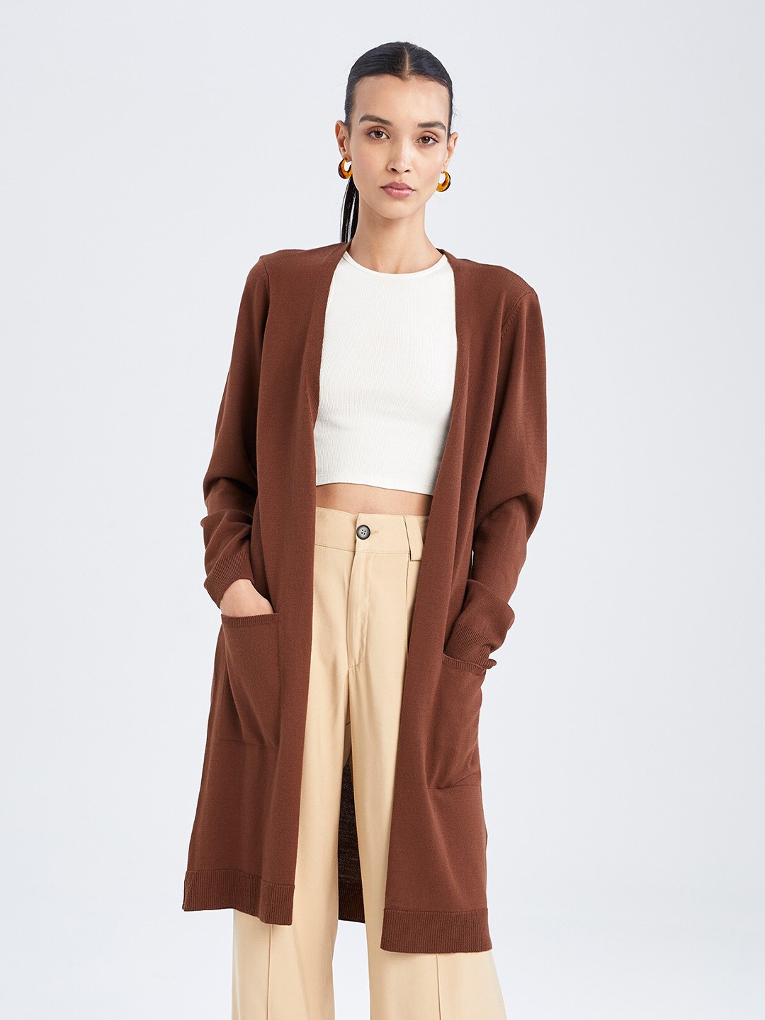 

DeFacto Longline Front-Open Sweaters, Brown
