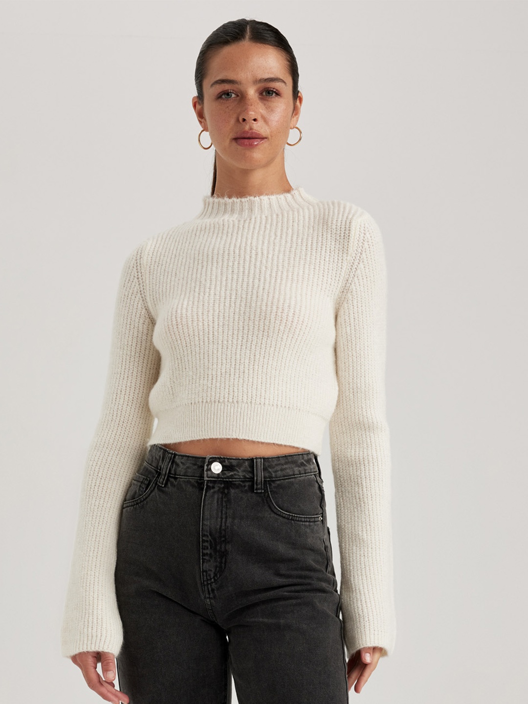 

DeFacto Mock Collar Ribbed Crop Pullover, White