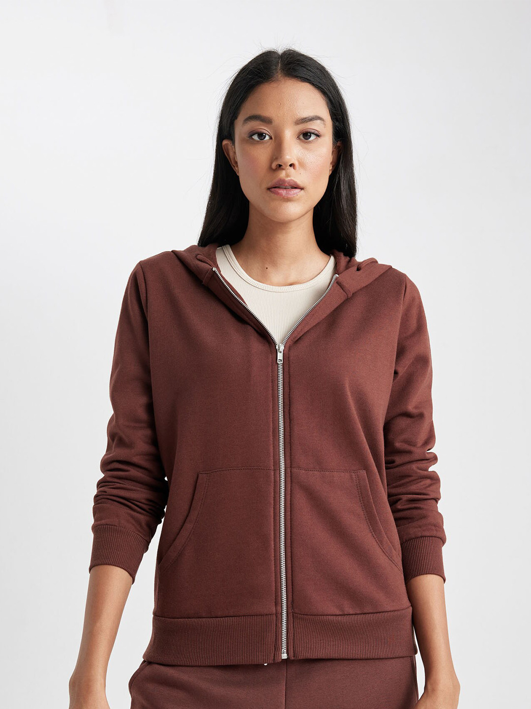 

DeFacto Hooded Front-Open Sweaters, Brown