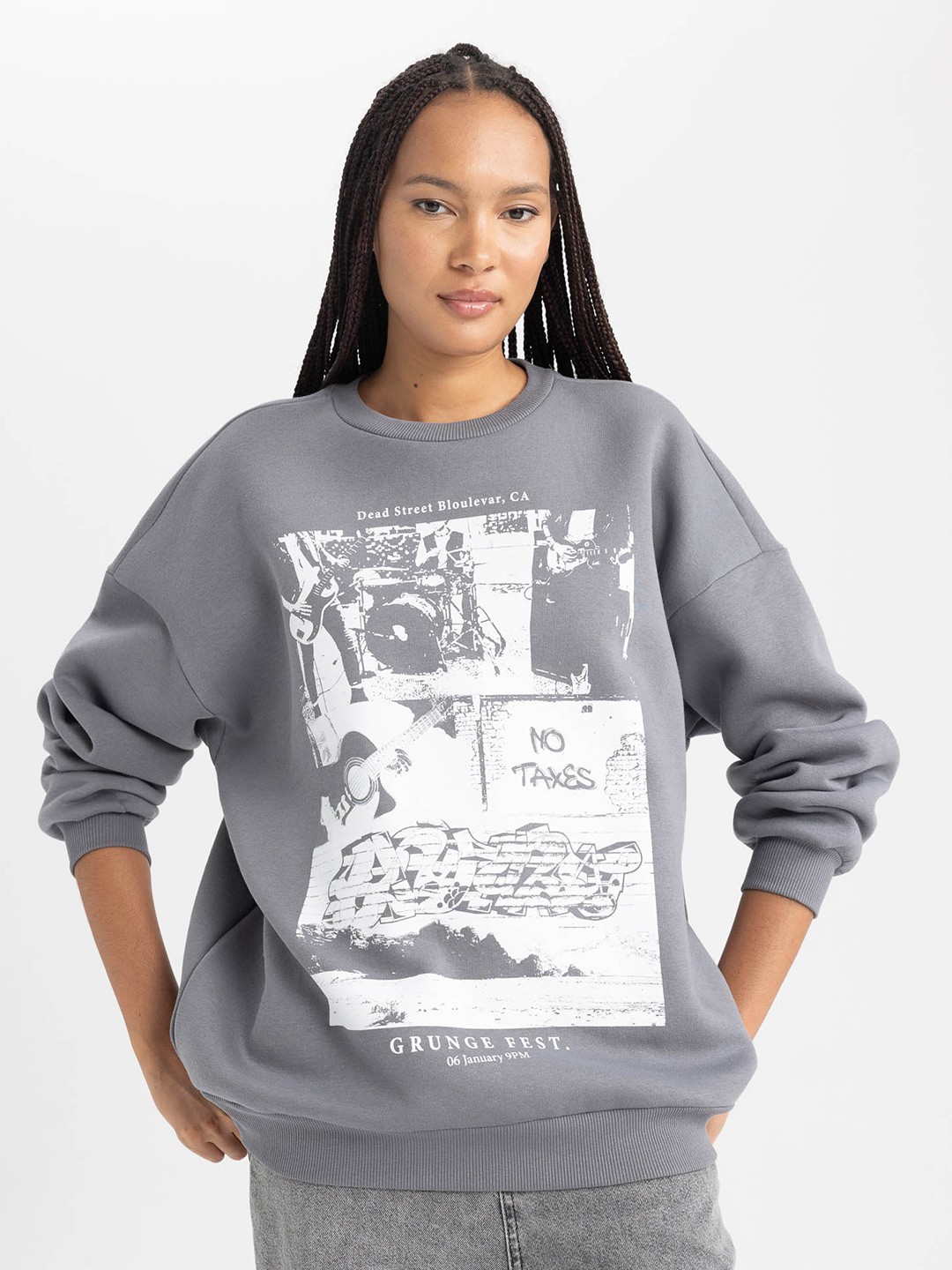 

DeFacto Graphic Printed Ribbed Pullover Sweatshirt, Grey