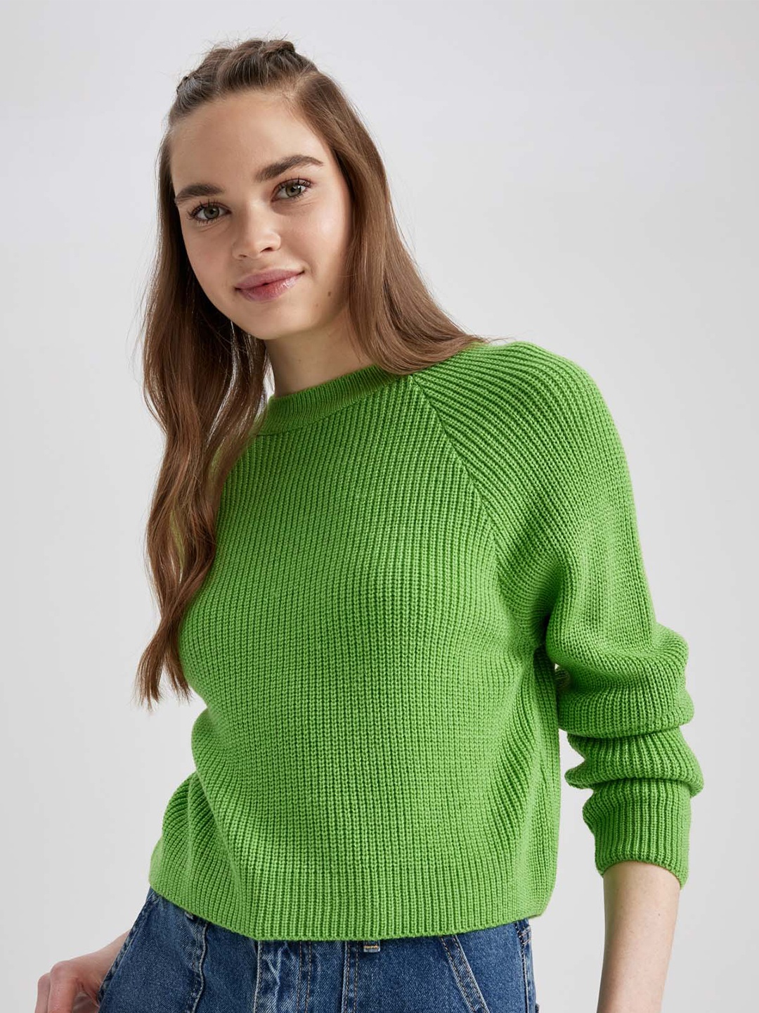 

DeFacto Cable Knit Acrylic Ribbed Pullover Sweater, Green