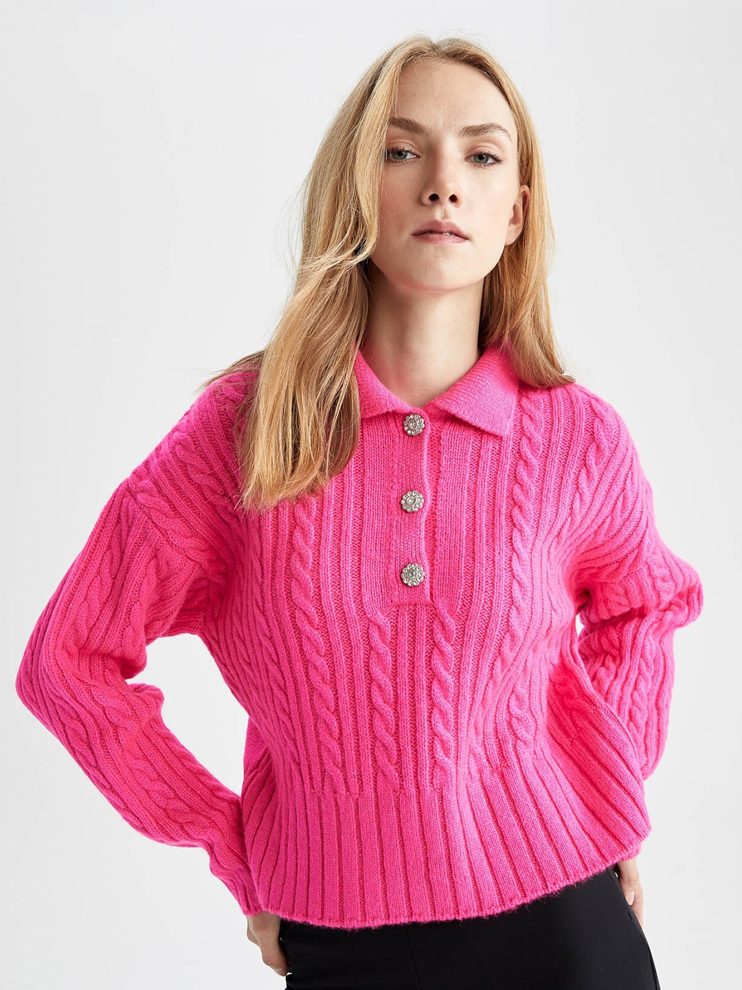 

DeFacto Long Sleeves Cable Knit Pullover, Pink