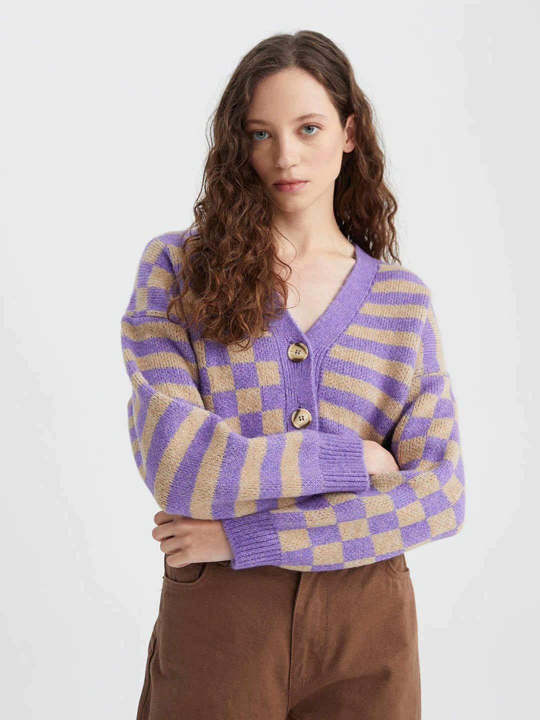 

DeFacto Striped V-Neck Cardigan Sweater, Purple