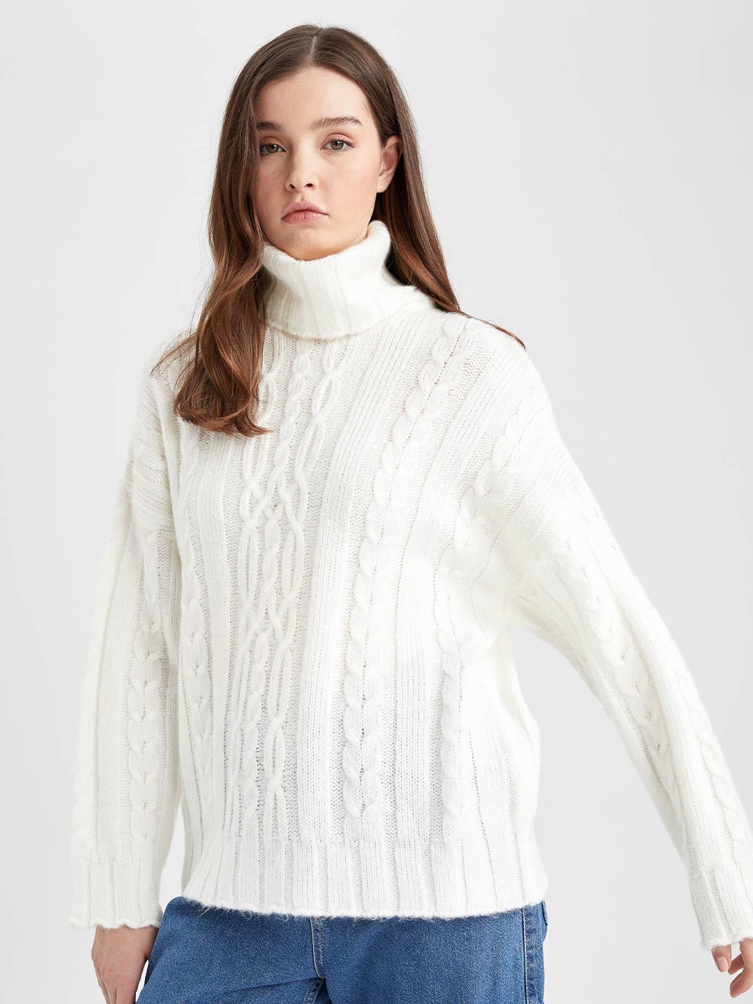 

DeFacto Cable Knit Self Design Turtle Neck Pullover Sweater, White