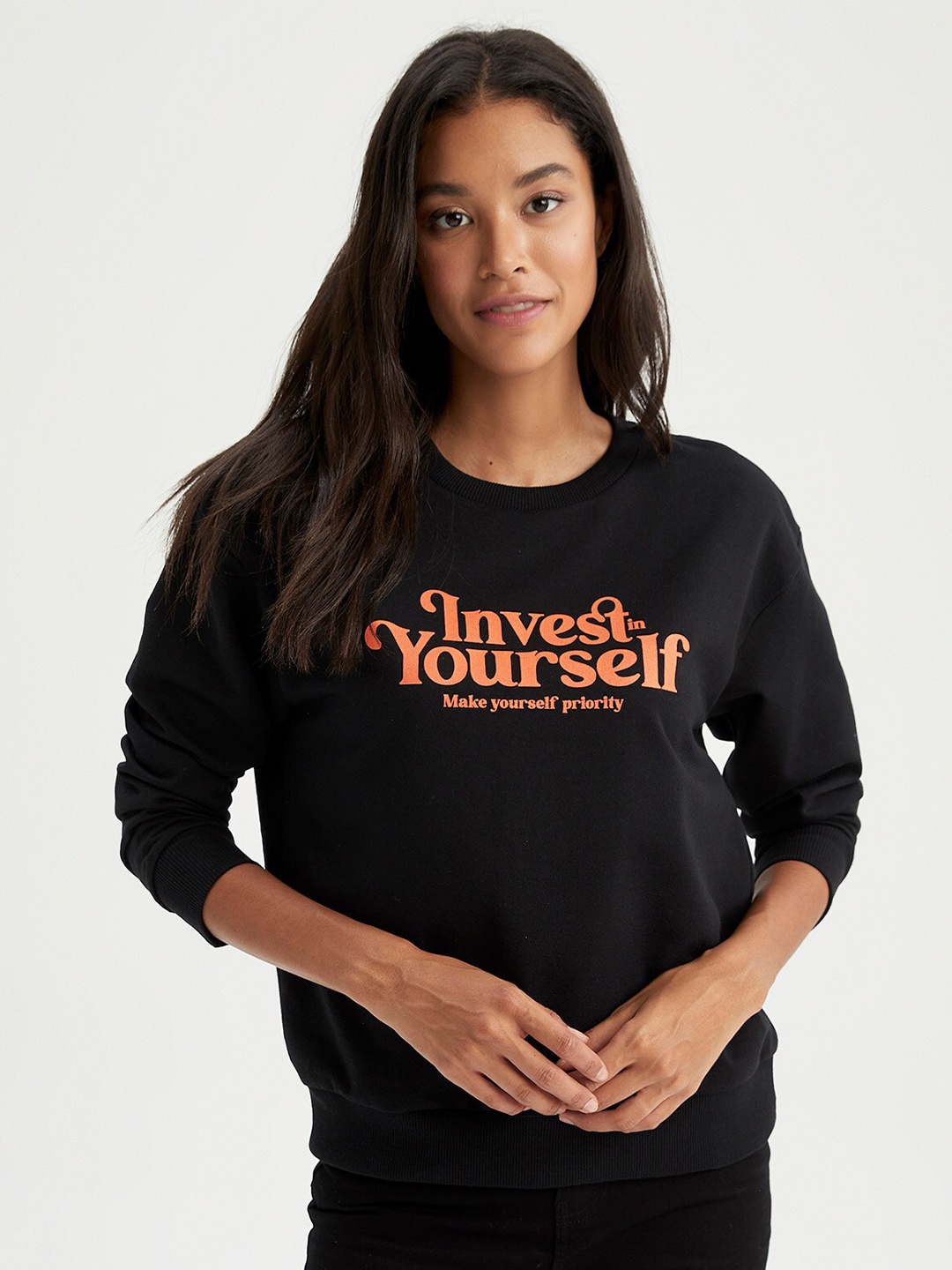 

DeFacto Typography Printed Pullover Sweatshirt, Black