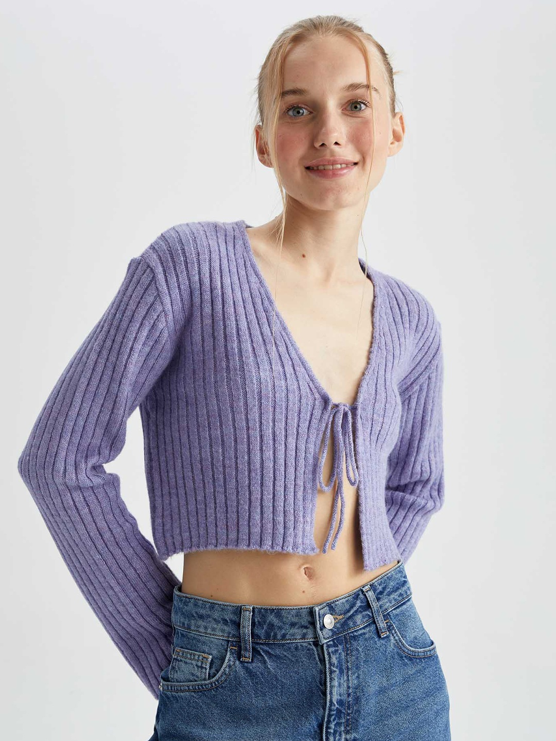 

DeFacto V-Neck Ribbed Crop, Purple