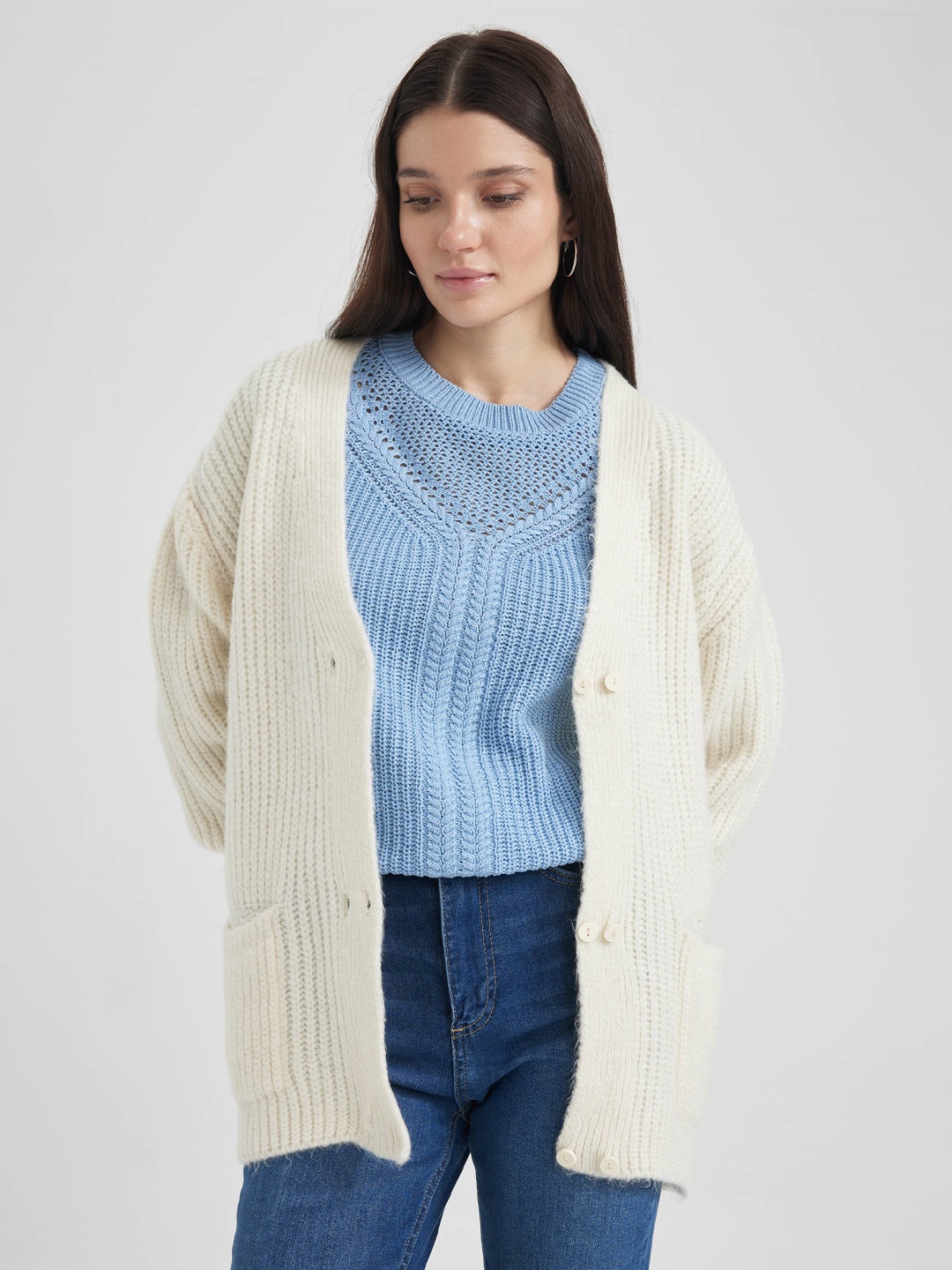 

DeFacto V-Neck Ribbed Cardigan, Cream