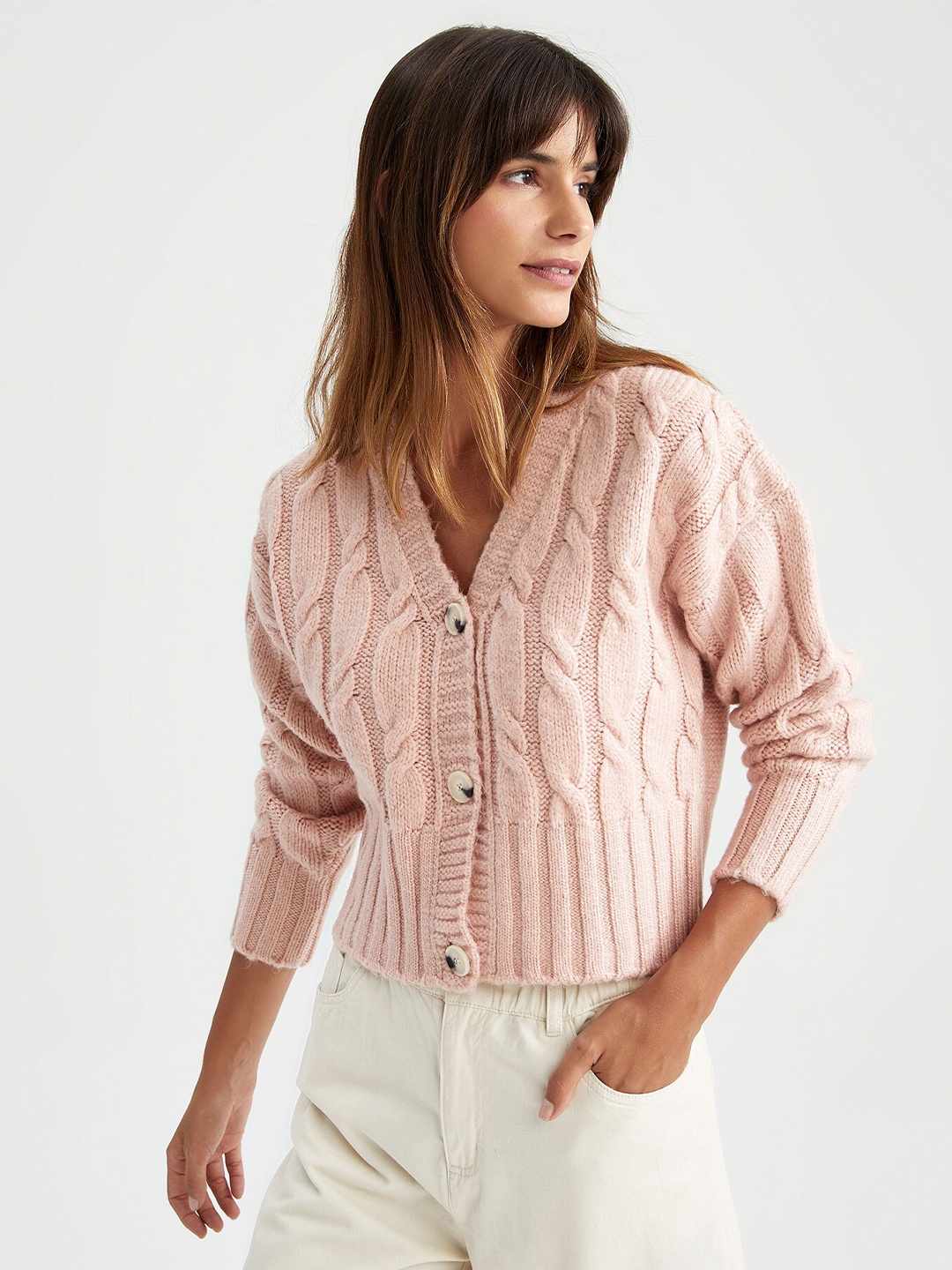 

DeFacto Self Design Cable Knit V-Neck Crop Cardigan, Pink