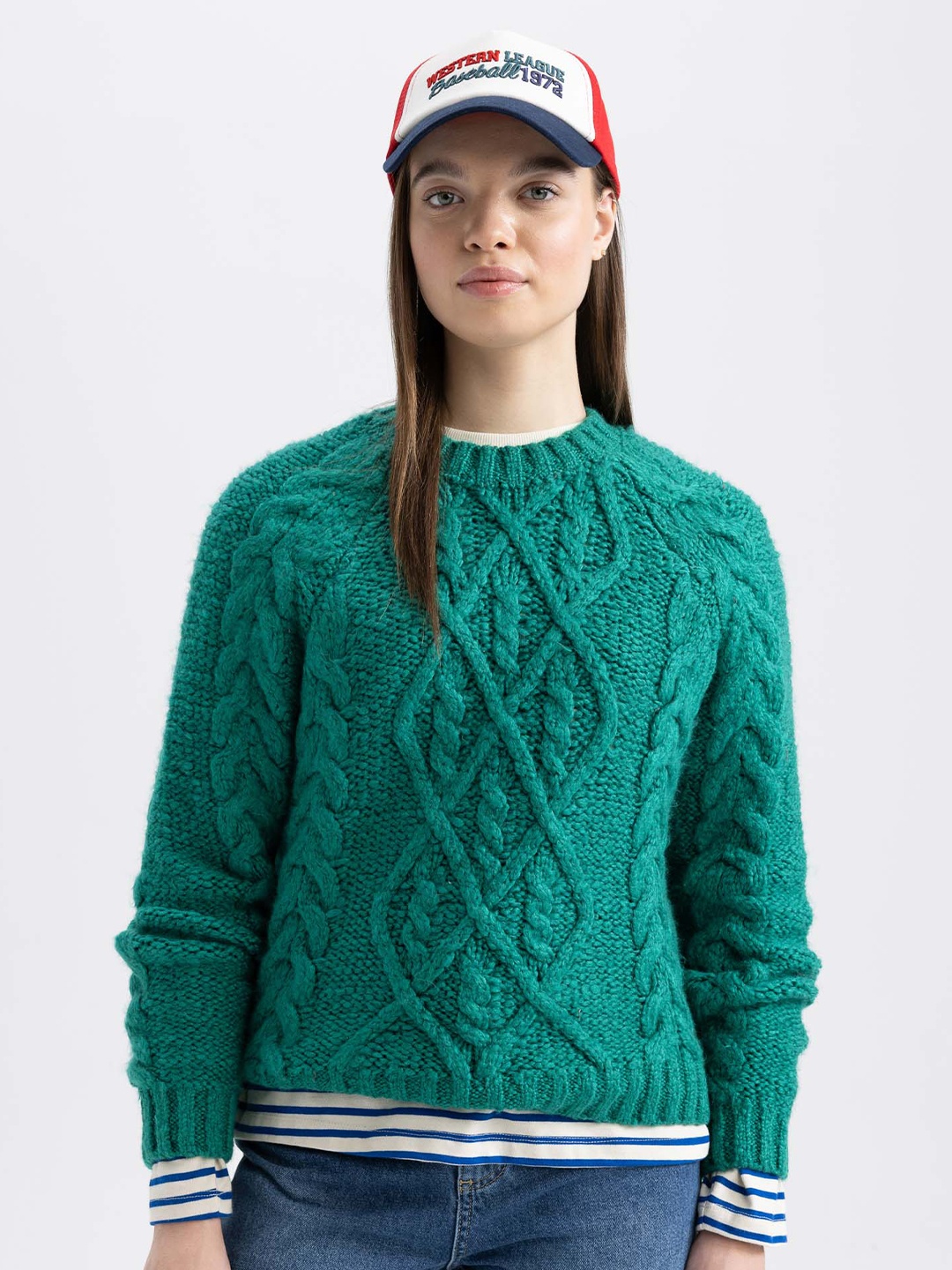 

DeFacto Cable Knit Long Sleeves Pullover, Green