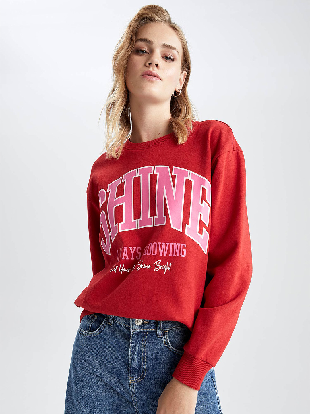 

DeFacto Typography Printed Pullover Sweatshirt, Red