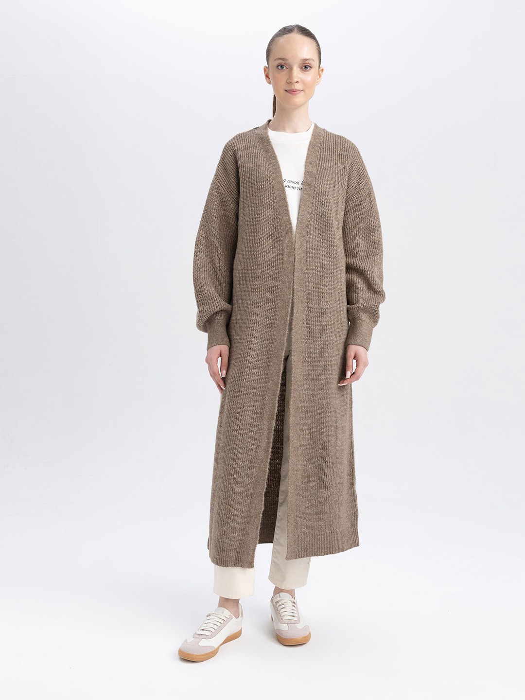 

DeFacto Ribbed Acrylic Longline Front Open Sweater, Brown