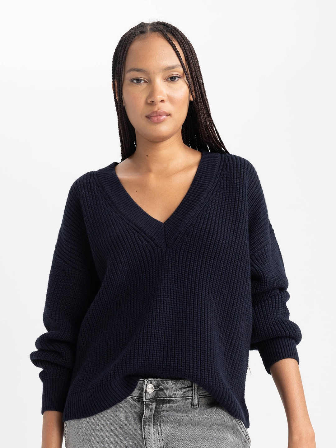 

DeFacto V-Neck Ribbed Pullover, Black