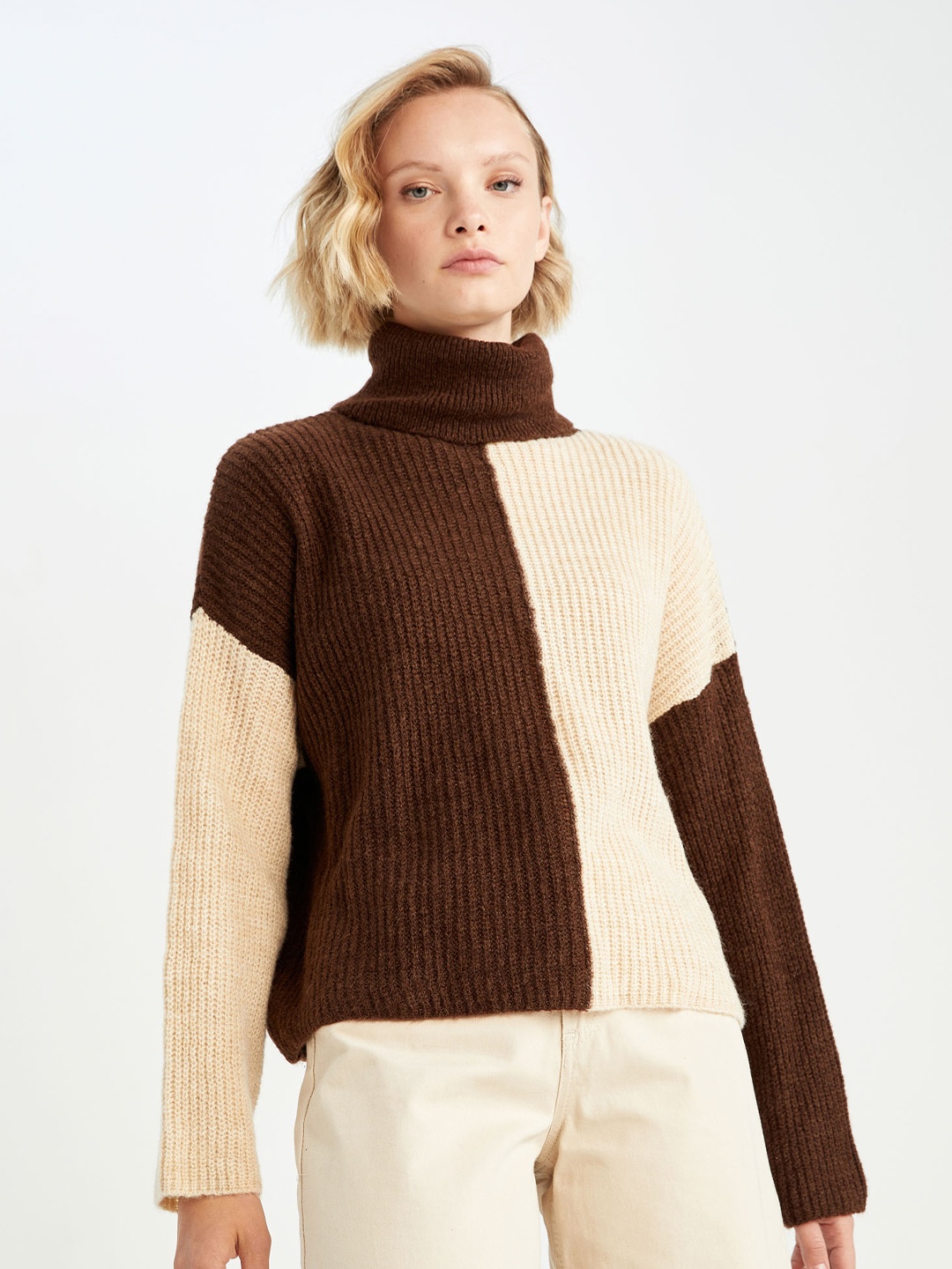

DeFacto Colourblocked Turtle Neck Pullover Sweater, Brown