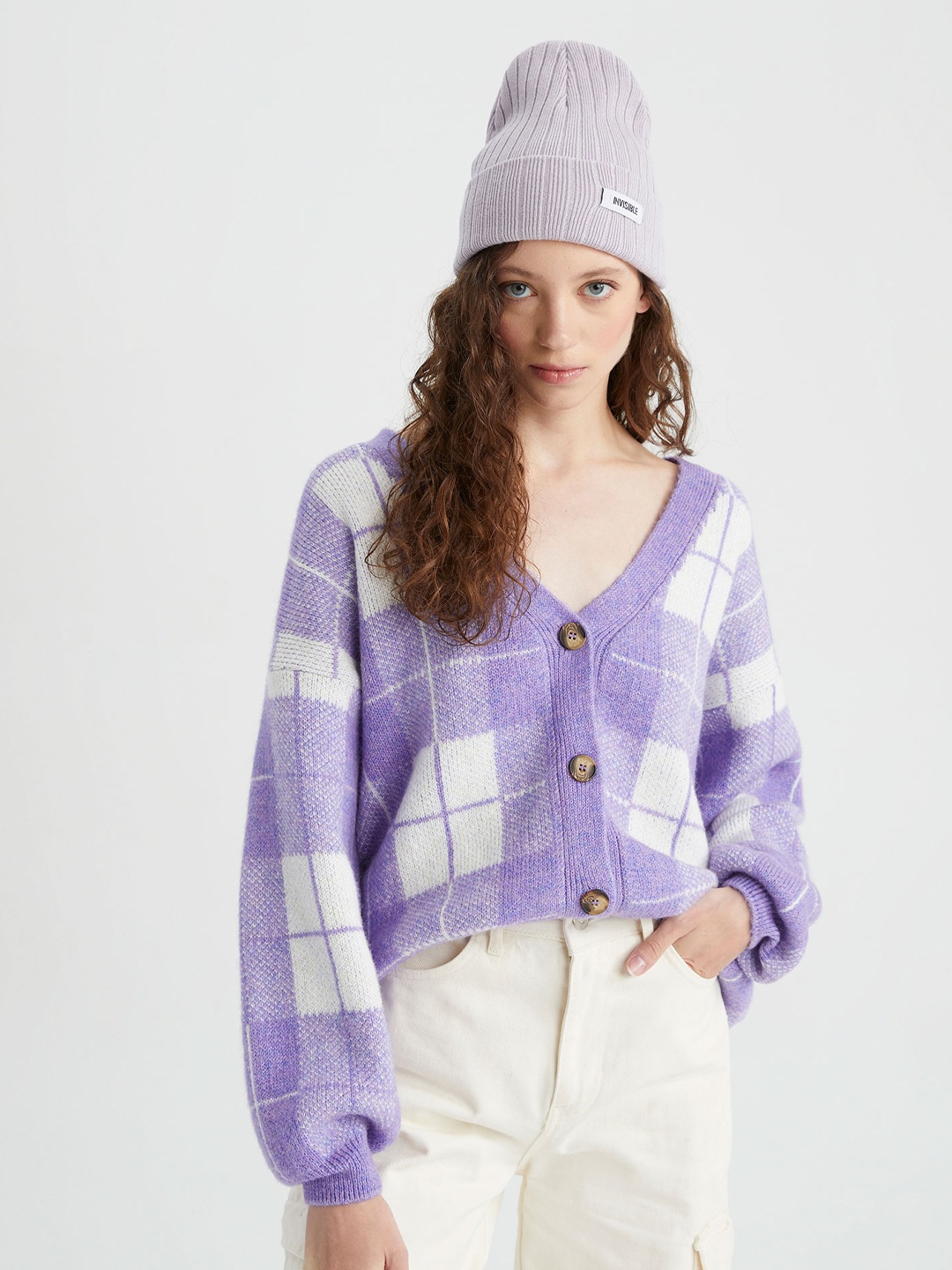 

DeFacto Checked V-Neck Crop Cardigan Sweater, Lavender