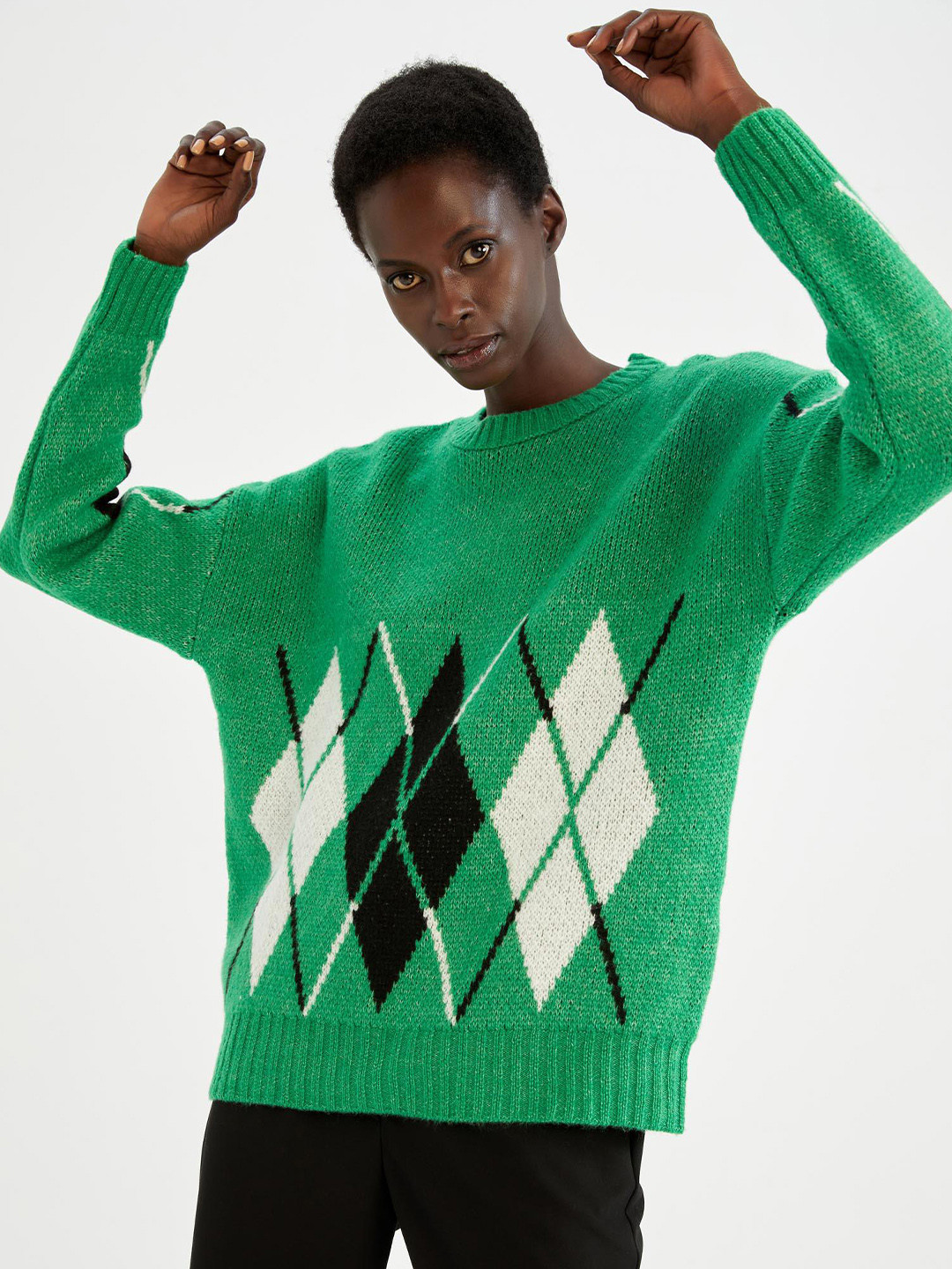 

DeFacto Argyle Printed Round Neck Pullover Sweater, Green